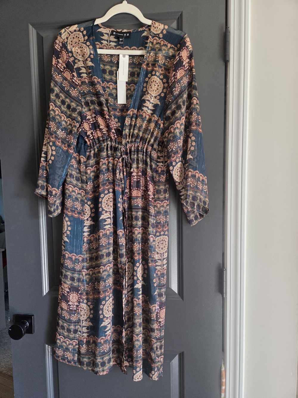 Anthropologie Bohemian Floral Tie-Waist Kimono/Duster  - Navy & Gold Orig 228